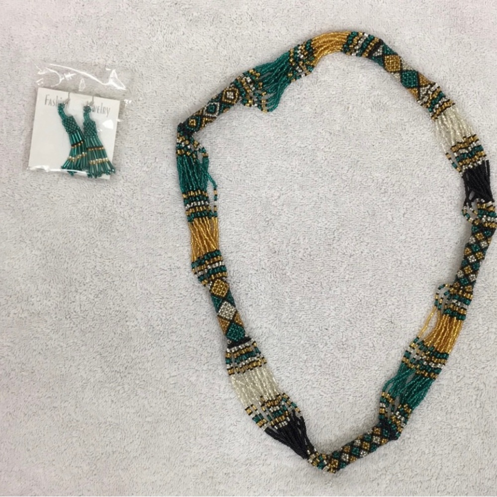 NWOT New Personal Accent Turquoise Gold Black Beaded Statement Necklace Earrings